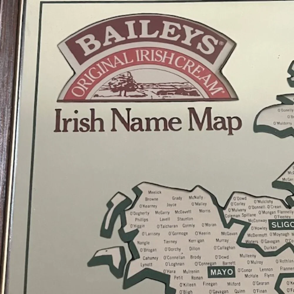 Vintage - RARE Framed Bailey's Irish Name Mirror Map featuring Irish names